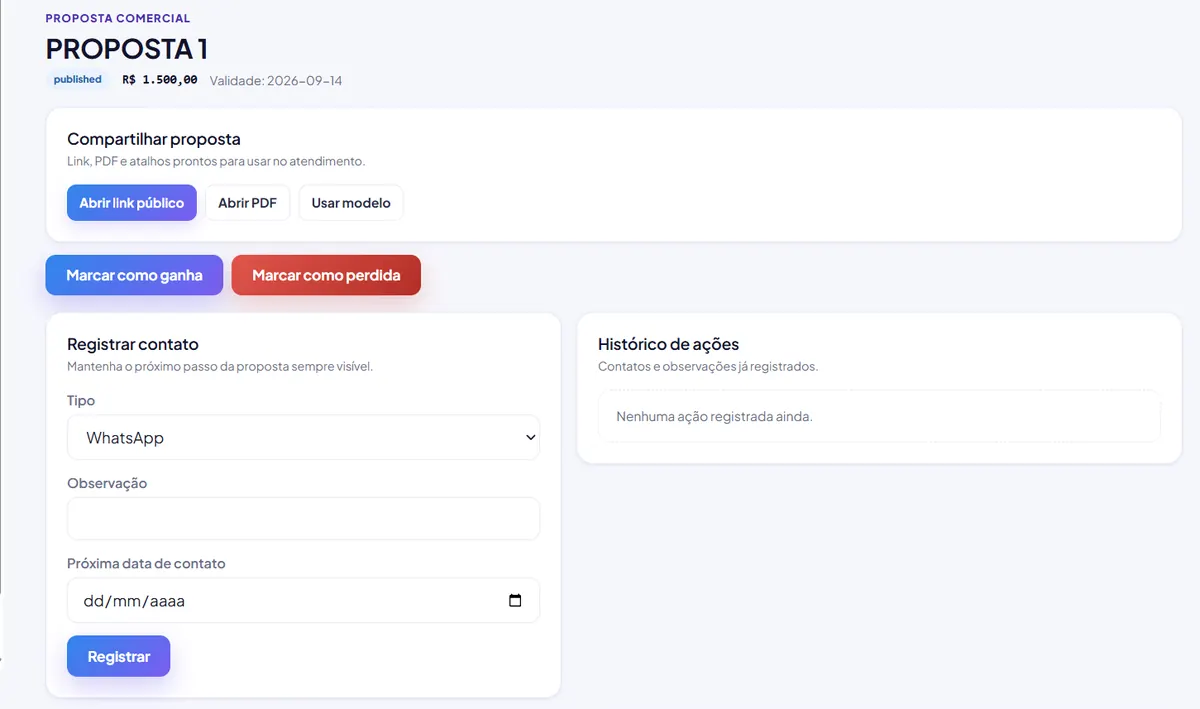 Tela da proposta publicada com ações para abrir o link público, o PDF e o modelo de mensagem.