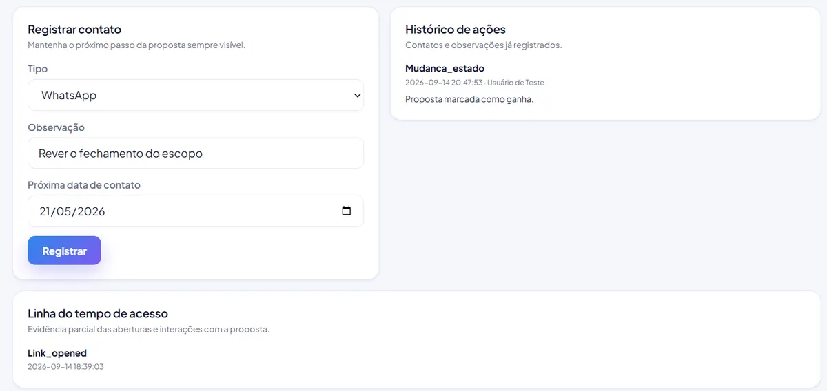 Tela de registro de contato, histórico de ações e linha do tempo de acesso da proposta.